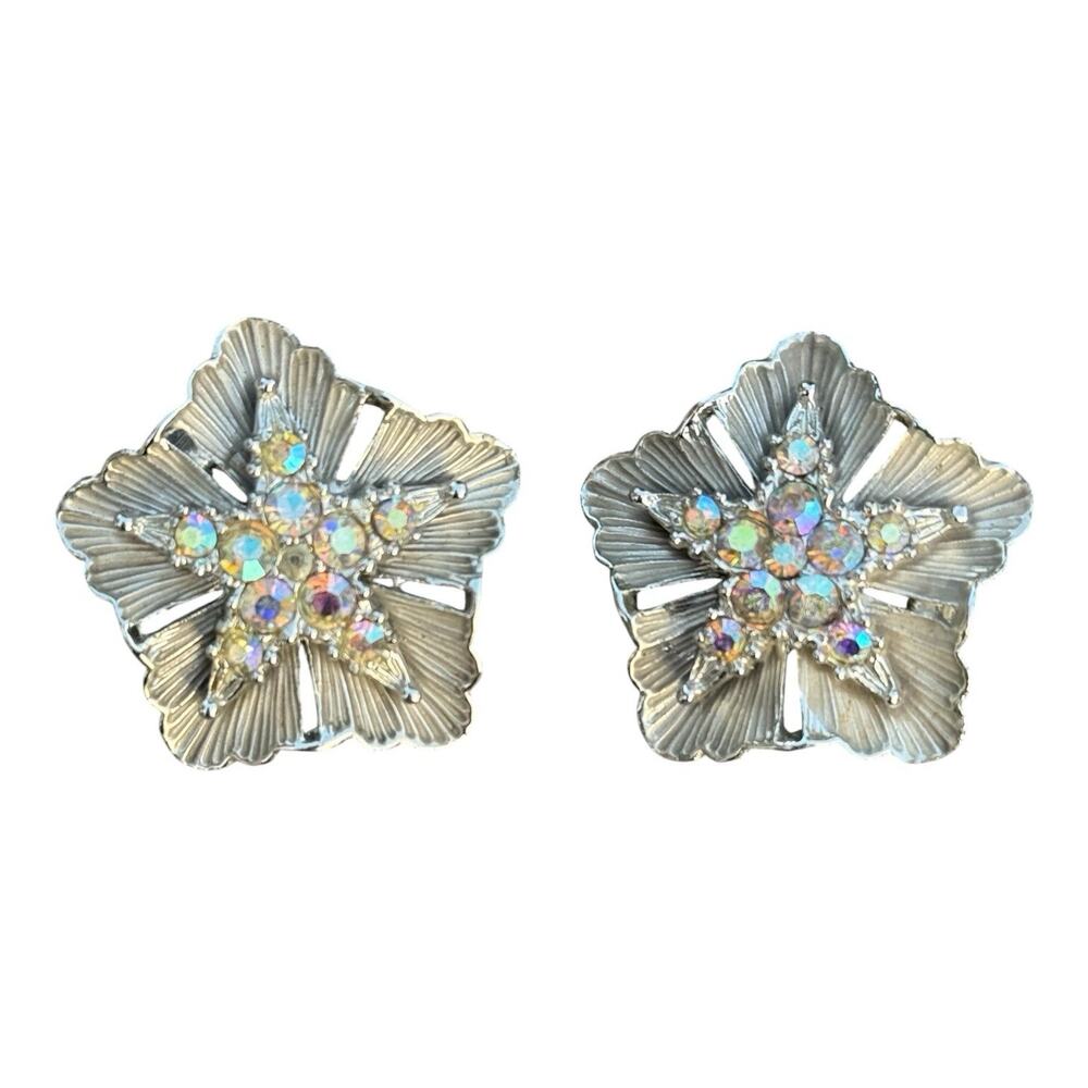 Vintage BSK Star Flower Aurora Borealis Rhinestone Silver Clip On Earrings (112)